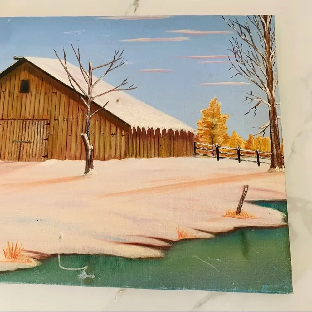 Vintage Barn Oil On Canvas Painting  Winter Snow By The Lake